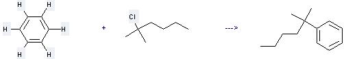 2-Chloro-2-methyl-hexane can react with Benzene to get (1, 1-Dimethyl-pentyl)-benzene.